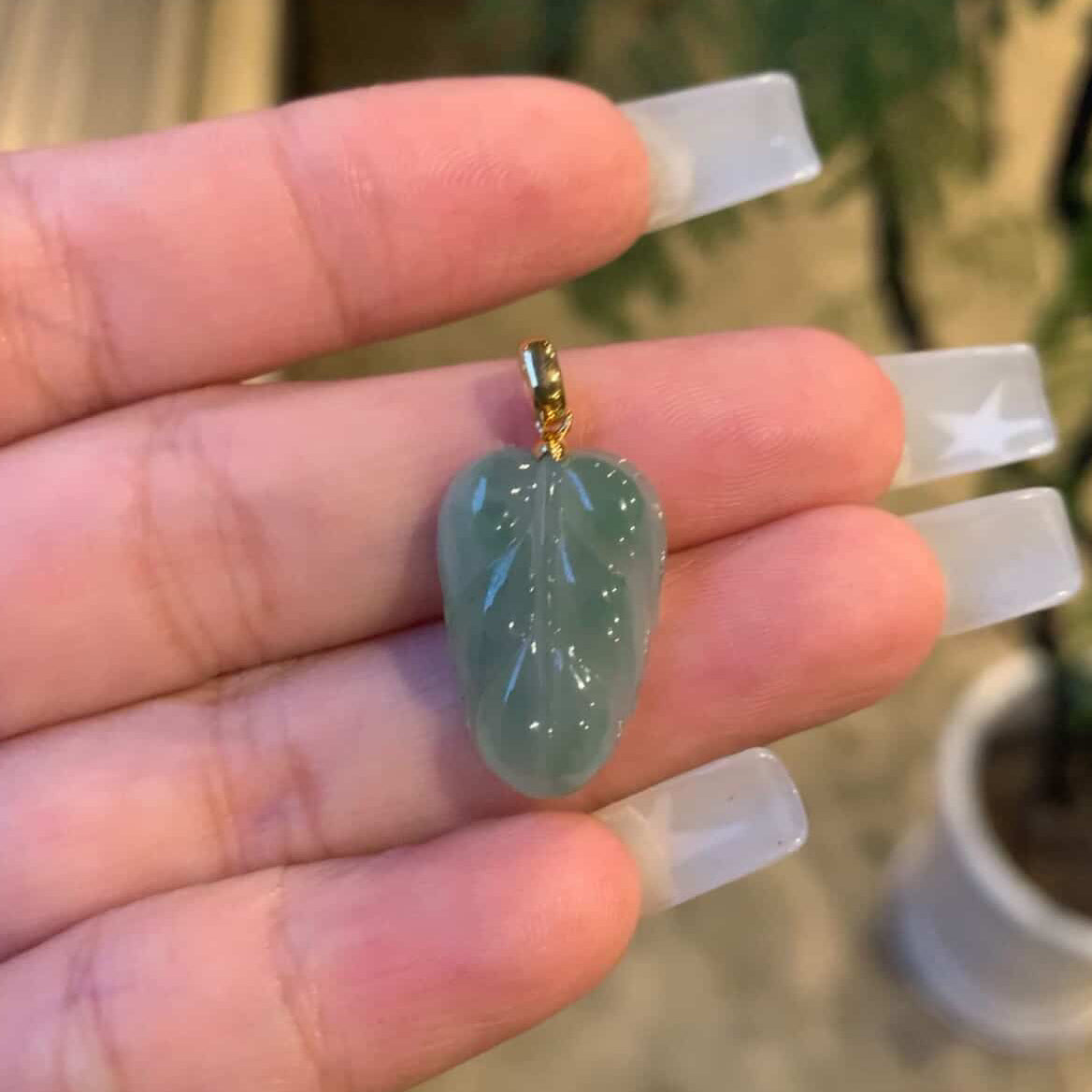 18K Yellow Gold Custom Green Leaf Pendant Simple Bail