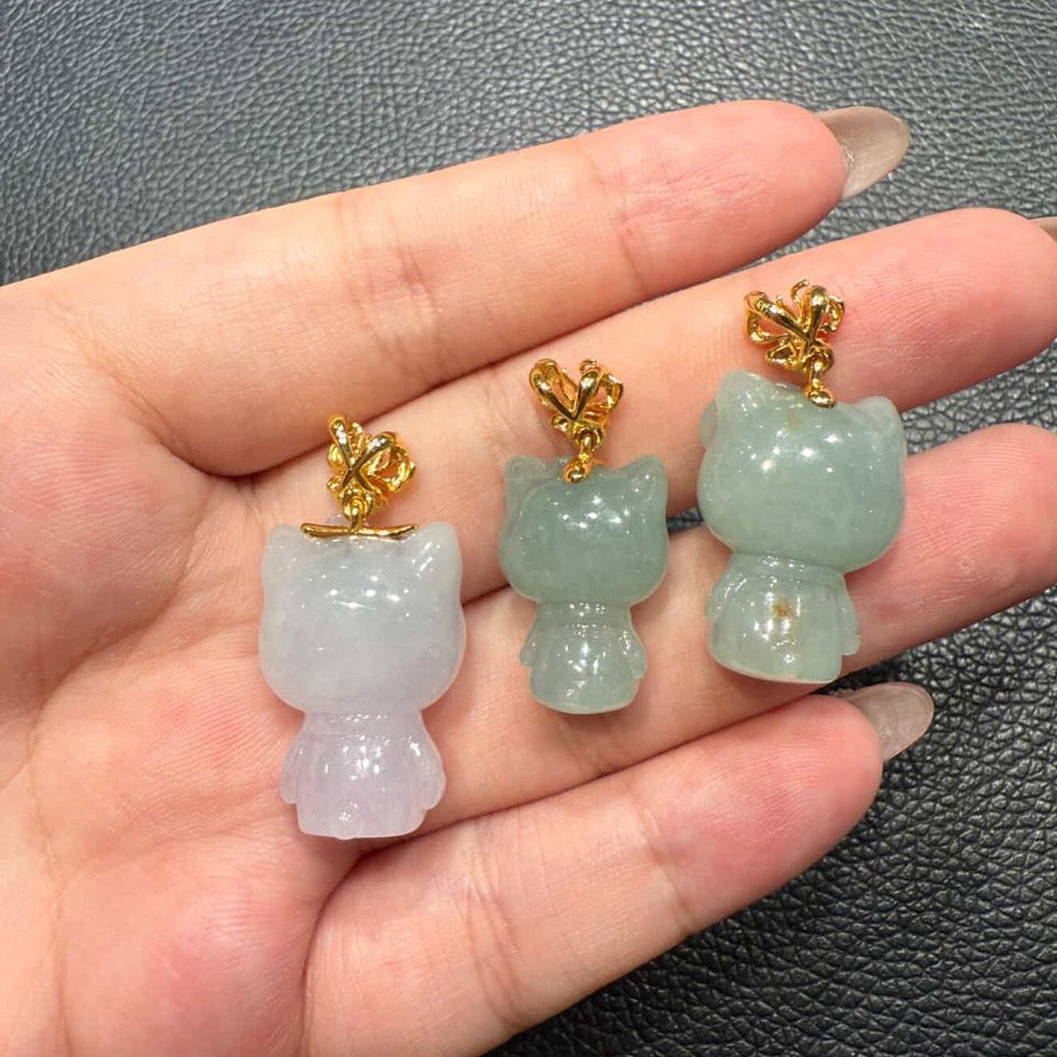 "Live" 18k Yellow Gold Custom Light Green Hello Kitty  Pendant Simple Gold Bail