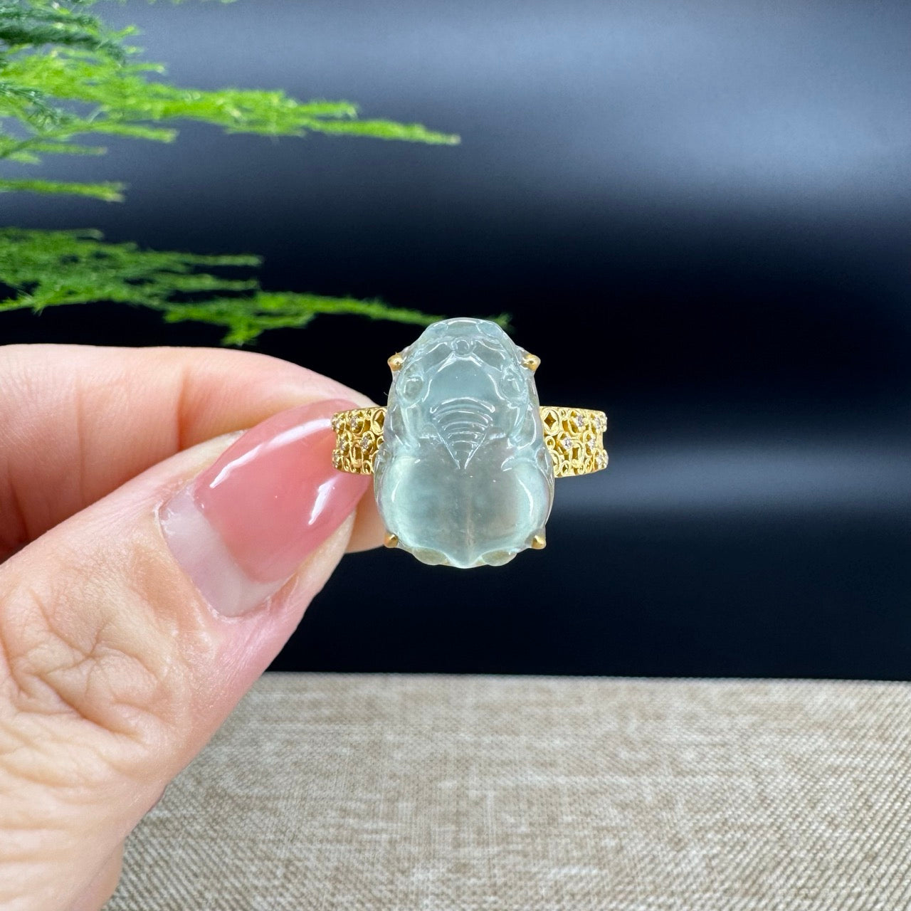 RealJade® "Signature Signet" 18K Yellow Gold Icy Green Jadeite Jade PiXiu Ring
