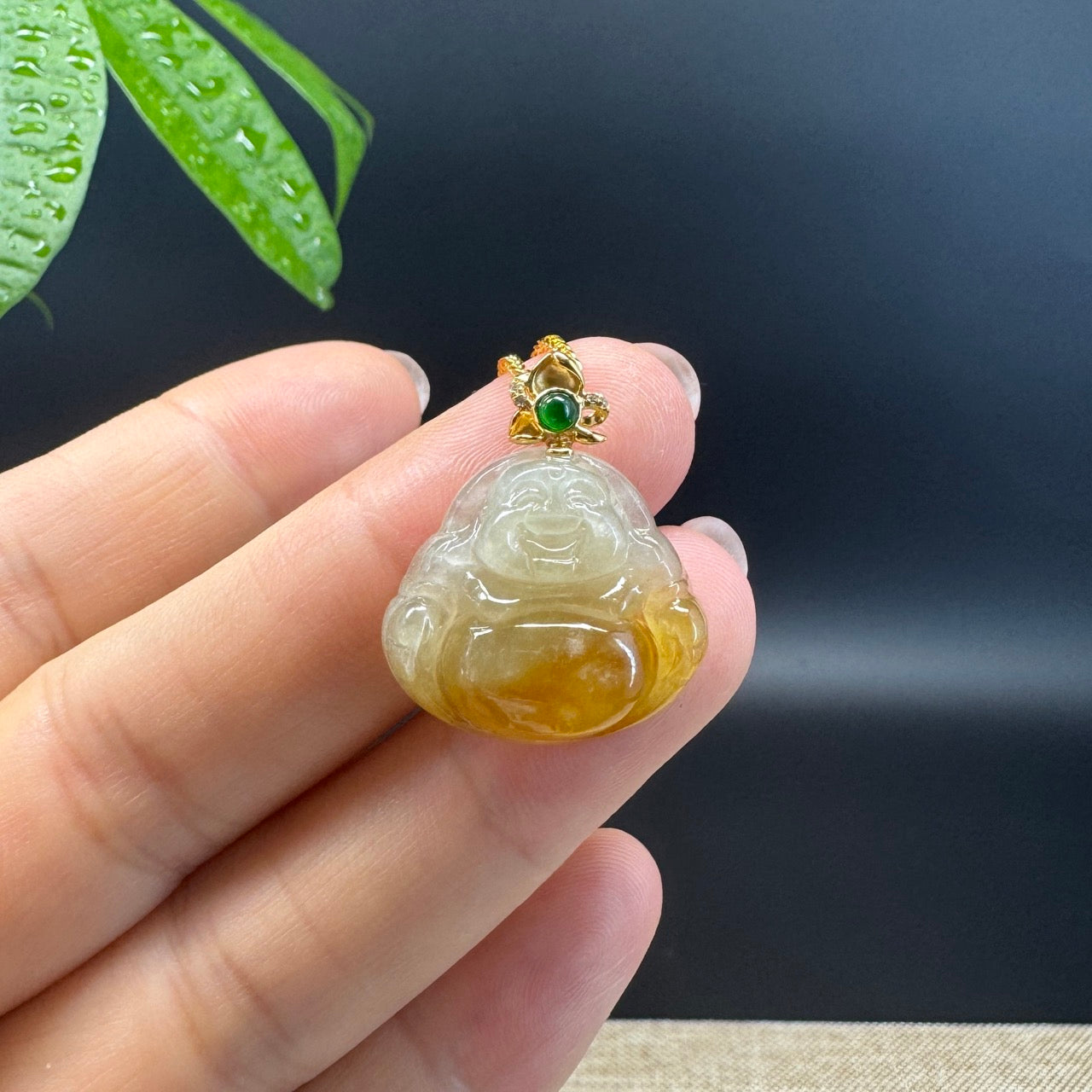 18K Yellow Gold Burmese Icy Yellow Jadeite Jade Happy Buddha Pendant