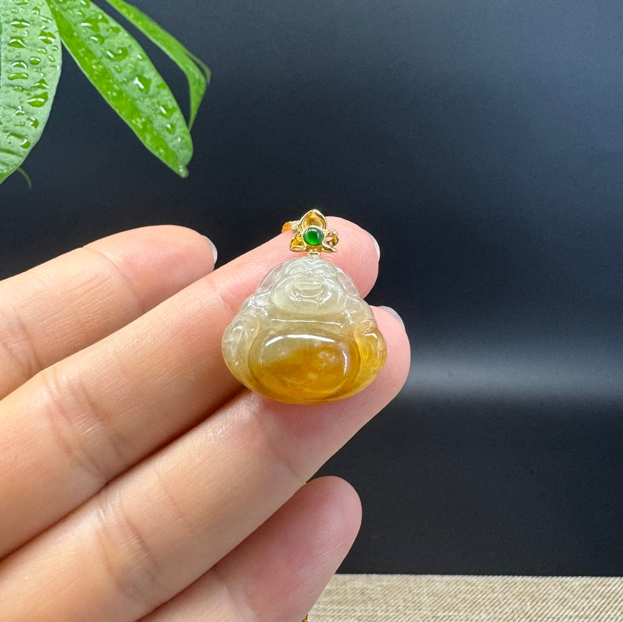 18K Yellow Gold Burmese Icy Yellow Jadeite Jade Happy Buddha Pendant