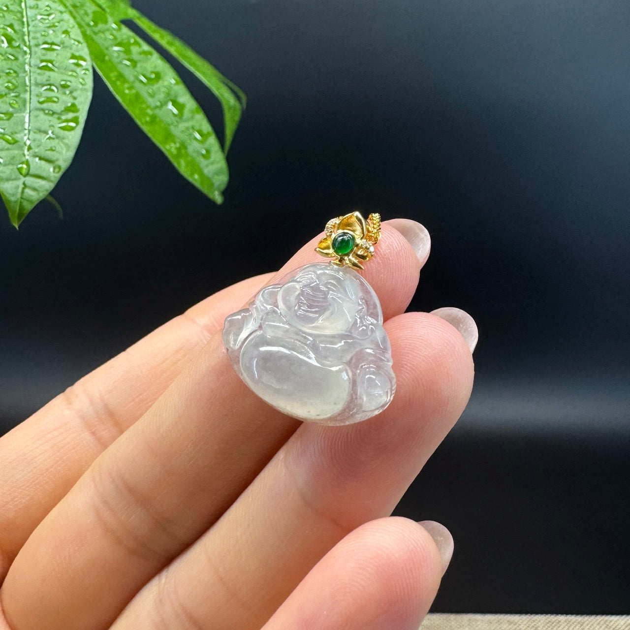 18K Yellow Gold Burmese Icy Jadeite Jade Happy Buddha Pendant