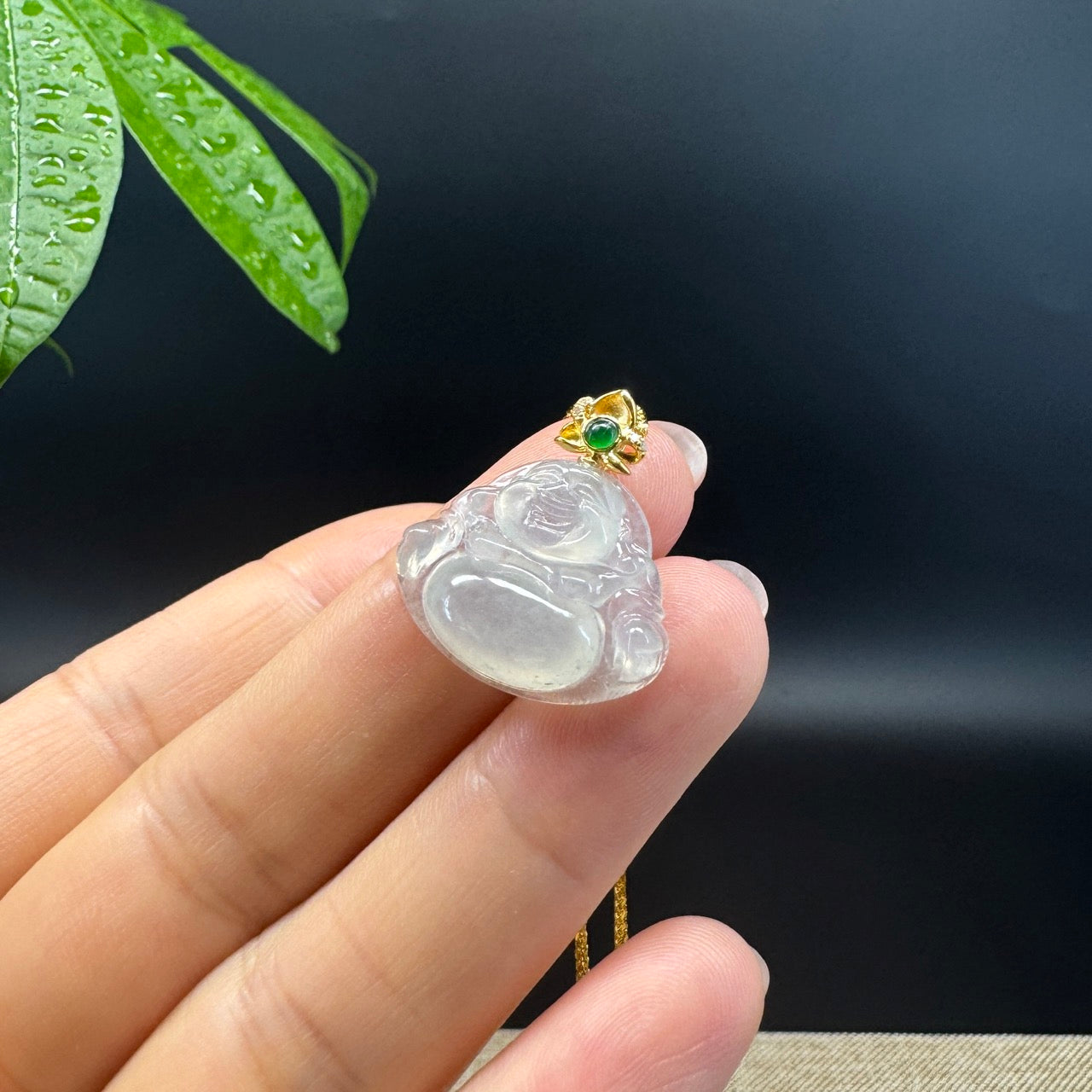 18K Yellow Gold Burmese Icy Jadeite Jade Happy Buddha Pendant