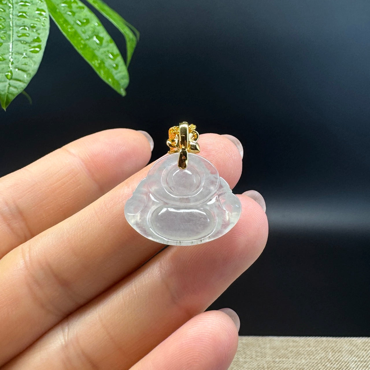 18K Yellow Gold Burmese Icy Jadeite Jade Happy Buddha Pendant
