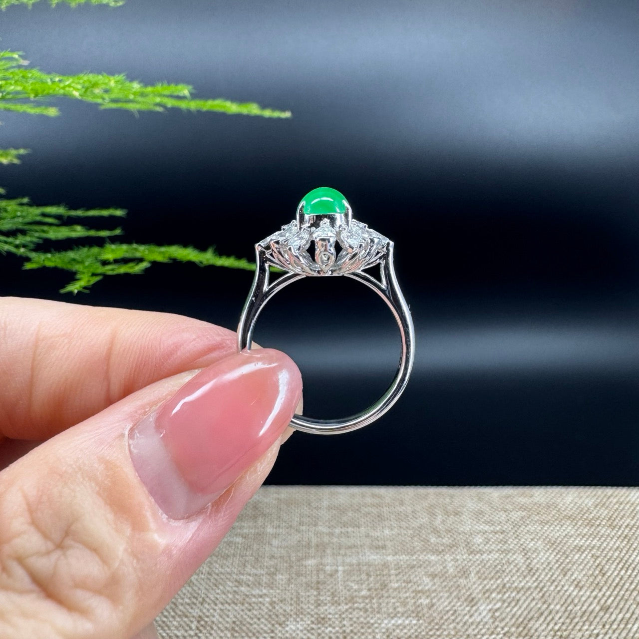 RealJade® "Amelie" 18k White Gold Natural Imperial Green Jadeite Engagement Ring With Diamonds