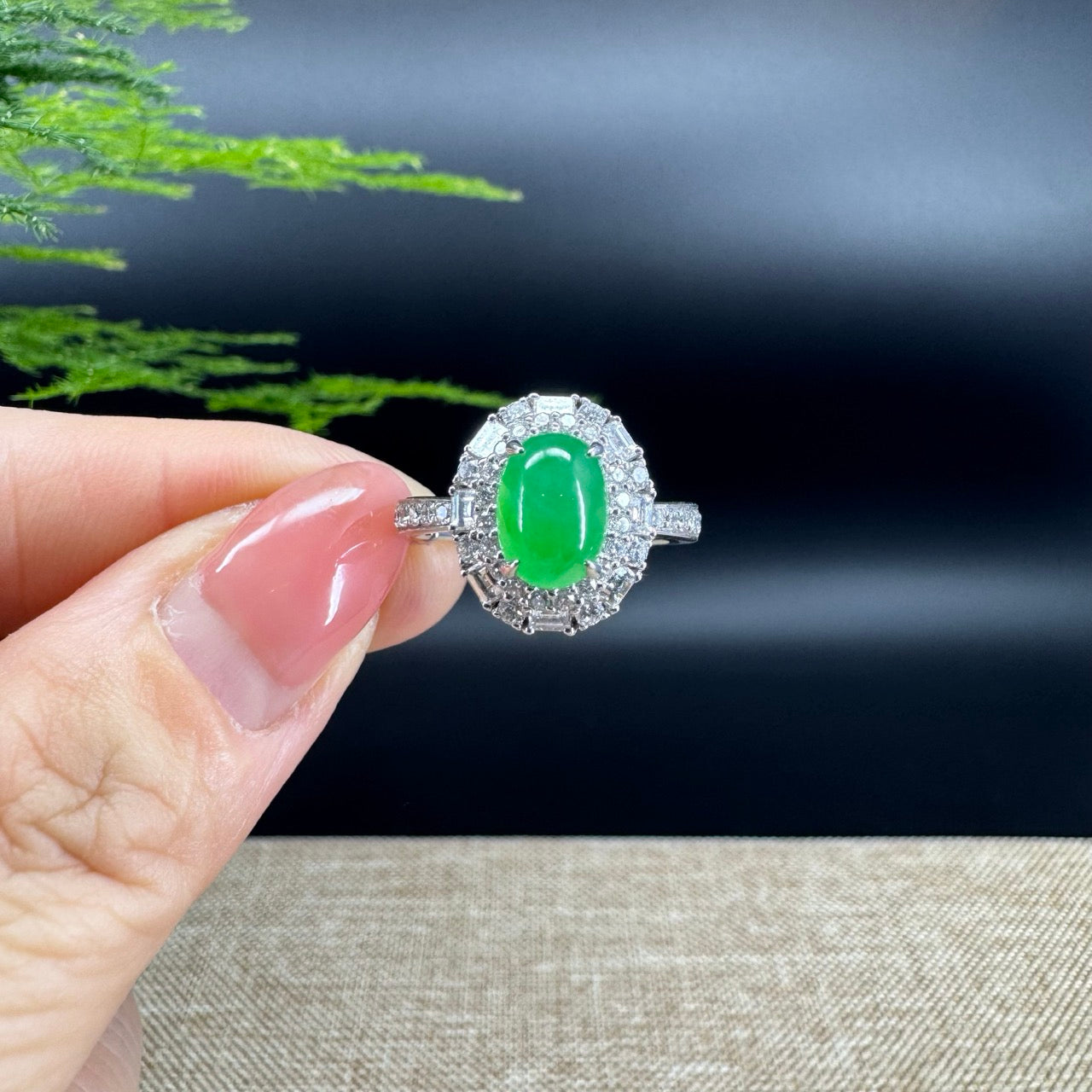 RealJade®  18k White Gold Natural Imperial Green Jadeite Engagement Ring With Diamonds