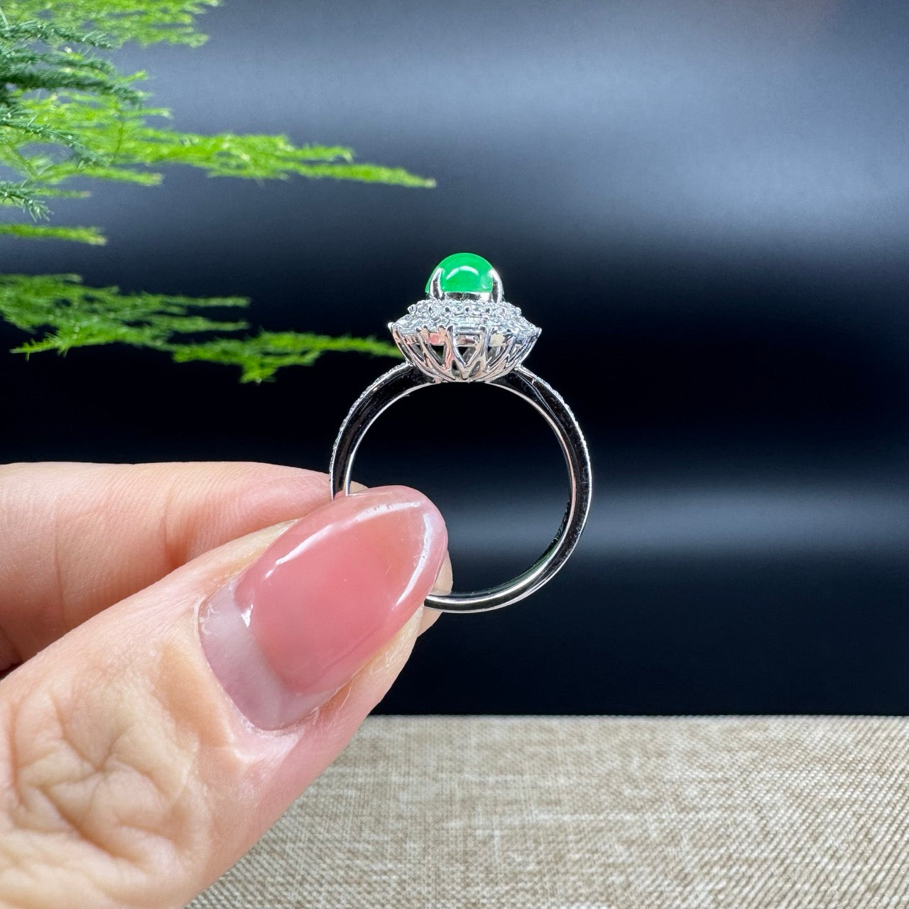RealJade®  18k White Gold Natural Imperial Green Jadeite Engagement Ring With Diamonds
