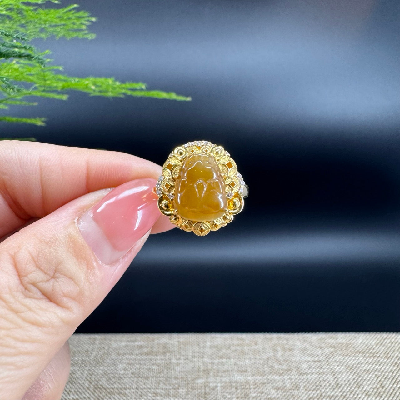 RealJade® "Signature Signet" 18K Yellow Gold Honey Yellow Jadeite Jade PiXiu Ring