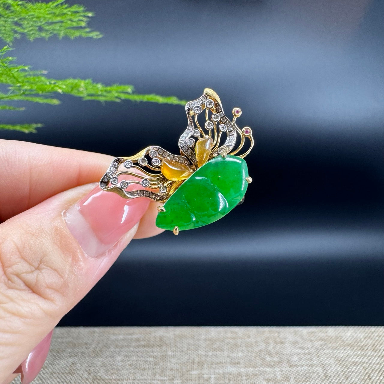 RealJade® "Signature Signet" 18K Yellow Gold Green Jadeite Jade Diamonds Butterfly Ring