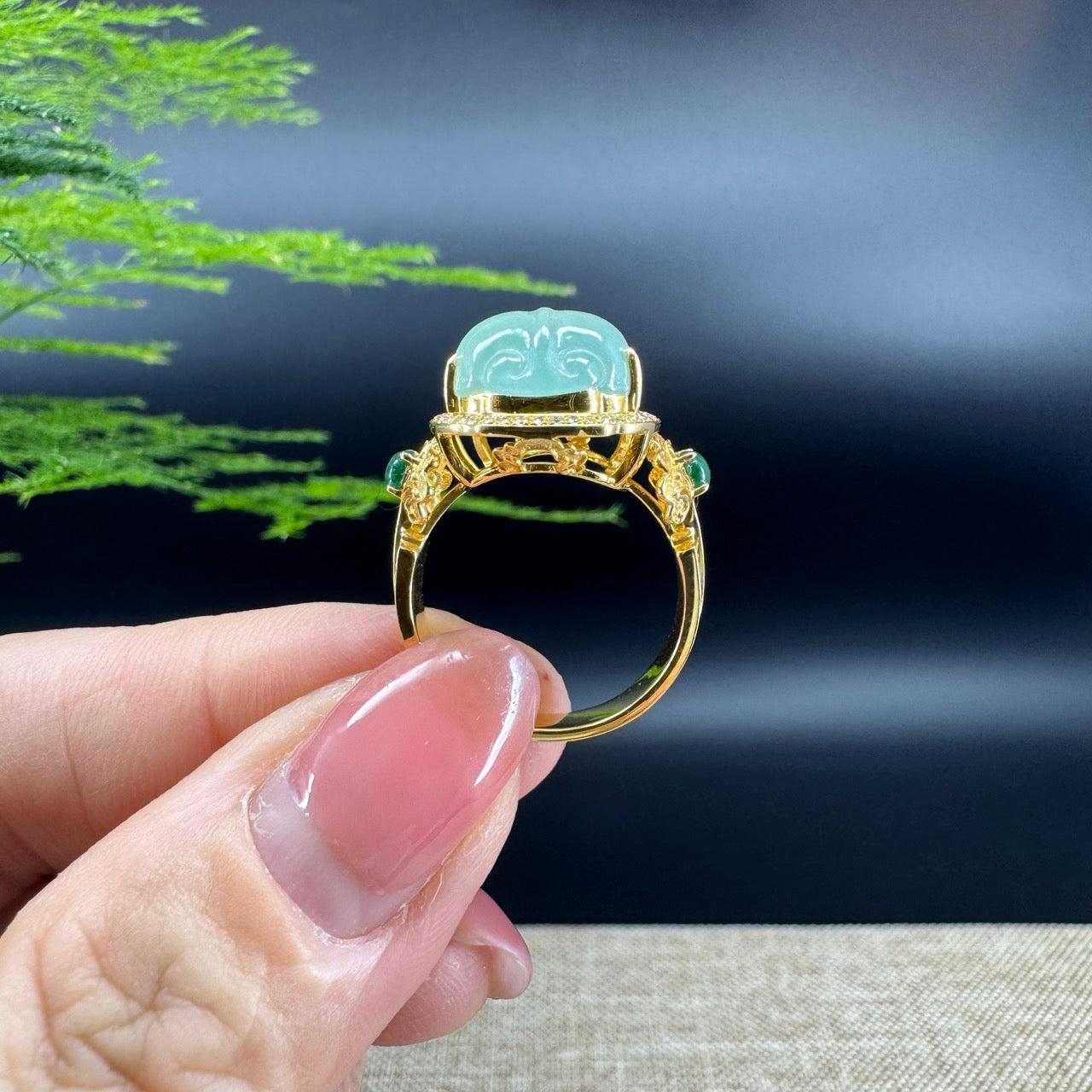 RealJade® "Signature Signet" 18K Yellow Gold Icy Green Jadeite Jade PiXiu Ring