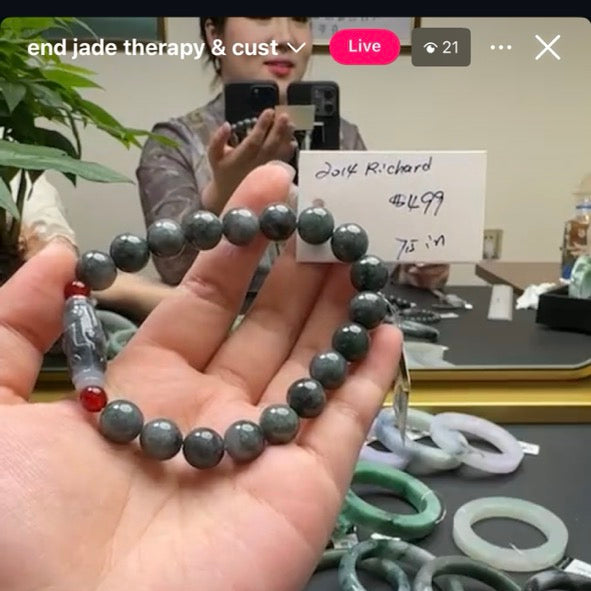 "Live" Natural Dark Wuji Jadeite Jade Dzi Beads Bracelet(06/14/26)