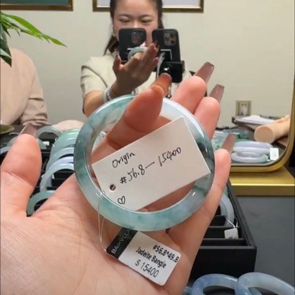 "Live" Natural Icy Blue Flower Jadeite Jade Oval Bangle(04/03/26)
