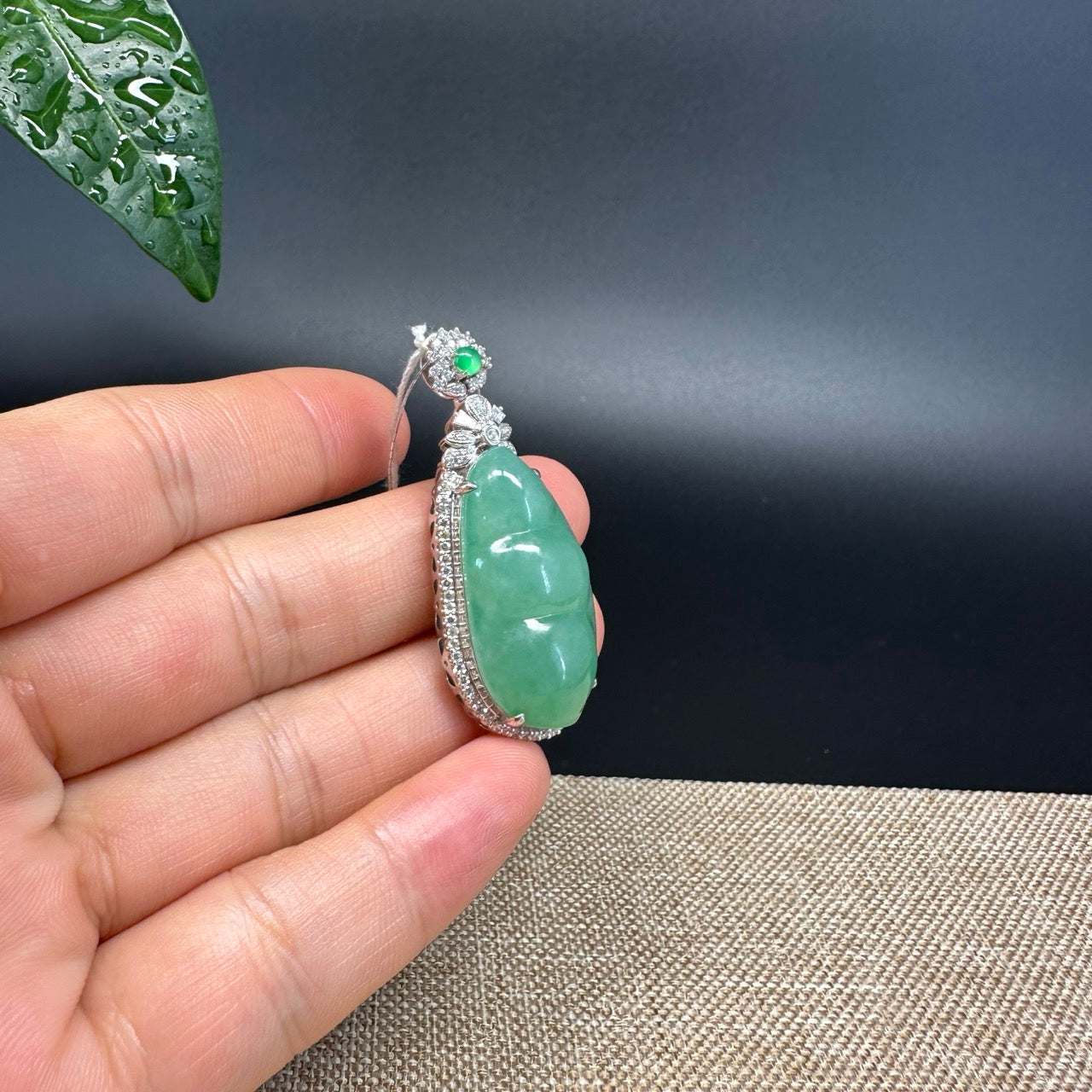 RealJade® Co. Genuine Burmese Green Jadeite Jade Fu Dou Pendant with 18k Rose Gold Diamond Bail