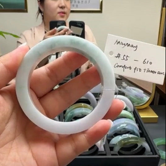 "Live" Natural Light Green Flower Jadeite Jade Bangle (04/25/26)