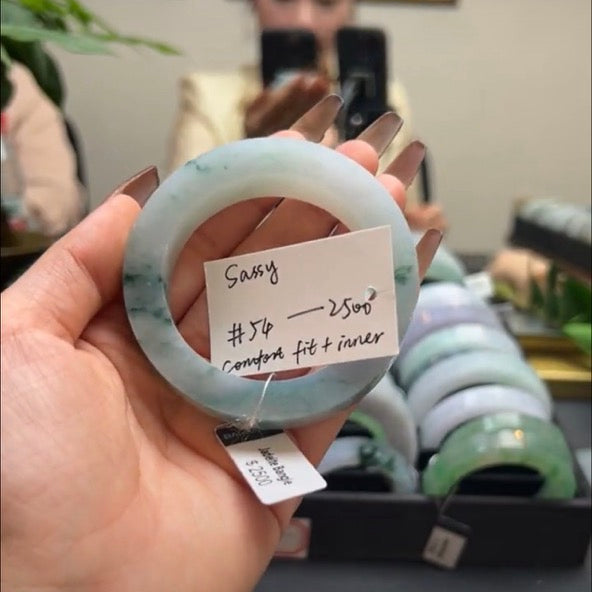 "Live" Natural  Icy Blue Flower Jadeite Jade Comfort Bangle (05/03/26)