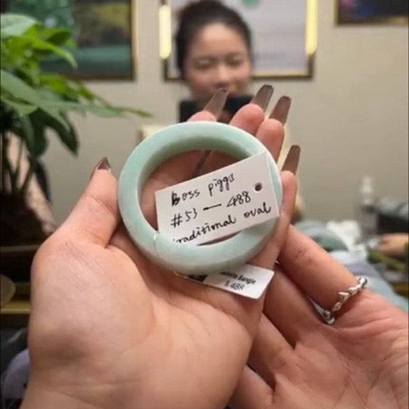 "Live" Natural  Light Green Jadeite Jade Traditional Oval Bangle (05/03/26)