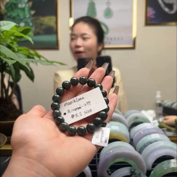 "Live" Natural  Black Green Jadeite Jade Beads Bracelet (05/03/26)