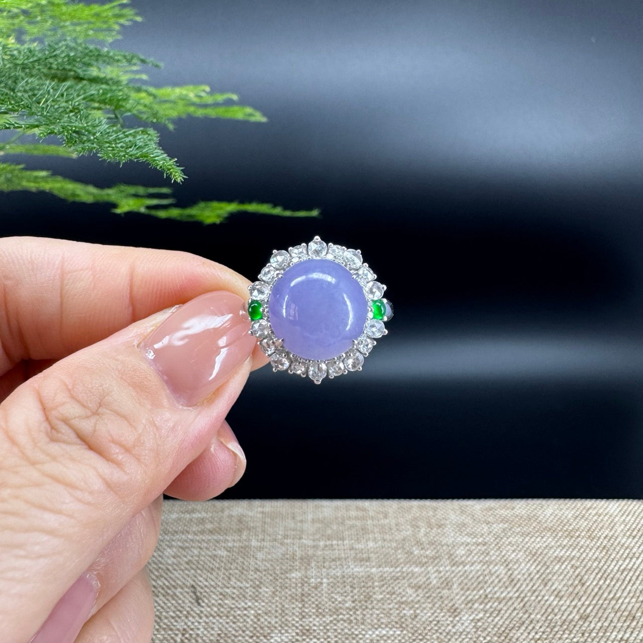 18k White Gold Natural Rich Lavender Jadeite Jade Engagement Ring With Diamonds