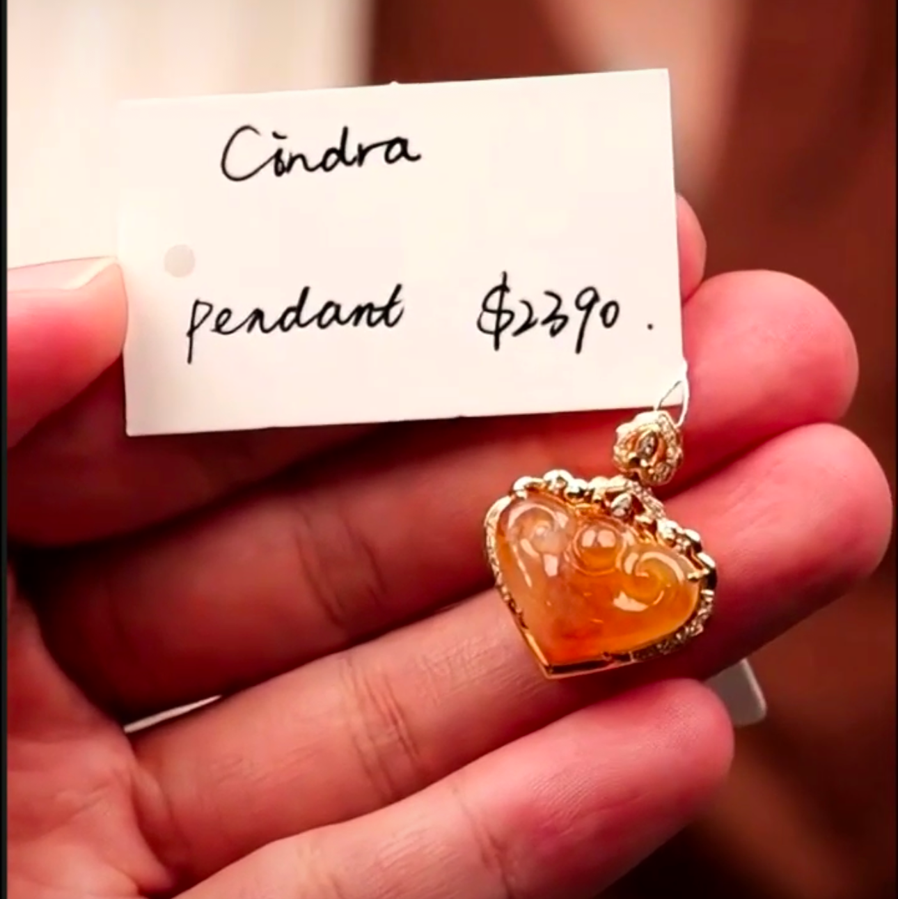 "Live" 18ky Fancy Setting Gold Natural Icy Rich Orange Jadeite Jade Heart Shape RuYi w/ Natural Diamonds" (09/02/25)