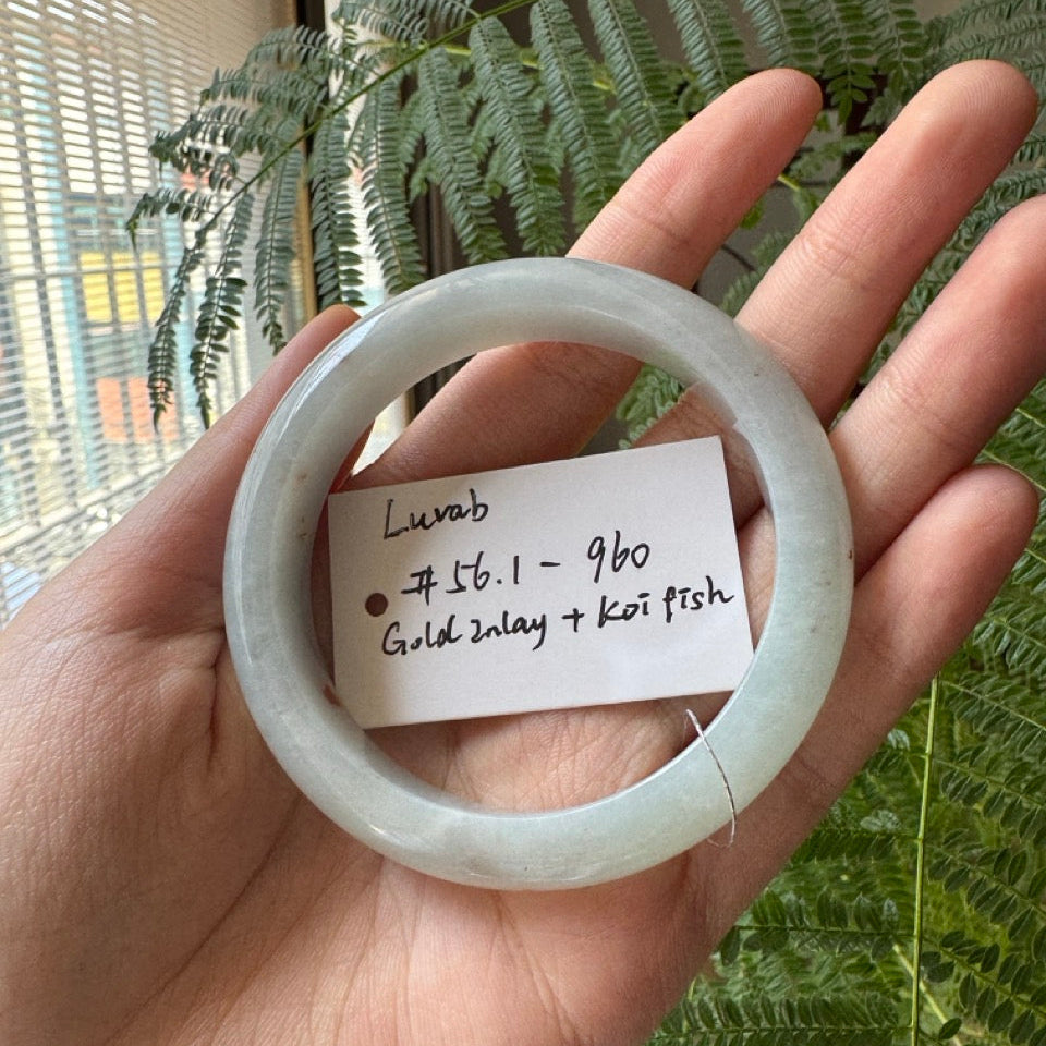 "Live" Natural Light Green Sajin Jadeite Jade Gold Inlay Koi Fish Comforfit Bangle(Final)(05/22/26)
