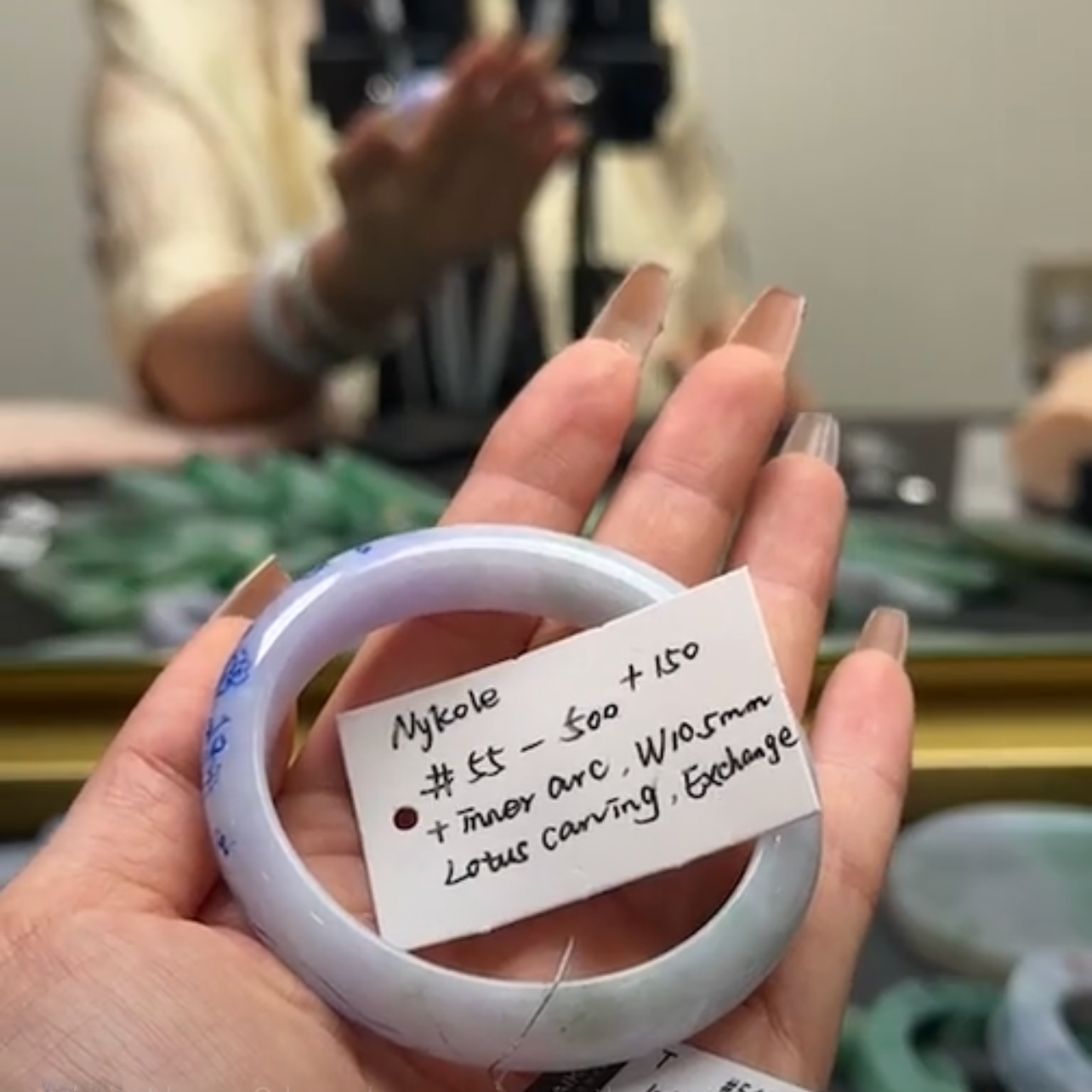 "Live" Natural Lavender Green Jadeite Jade Oval Bangle(Carving,Final)(05/29/26)