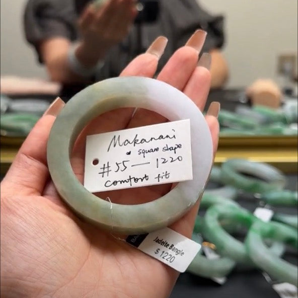 "Live" Natural Strawberry Matcha Jadeite Jade Square Comfor Fit Bangle(05/30/2026)