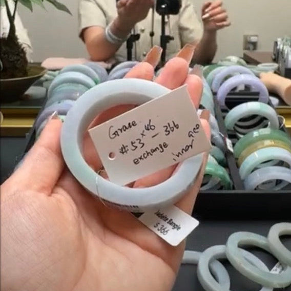 "Live" Natural Green Flower Jadeite Jade Oval Bangle (05/09/26)