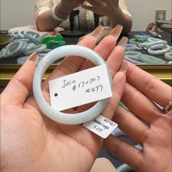 "Live" Natural Icy Green Flower Jadeite Jade Oval Bangle(06/06/2026)
