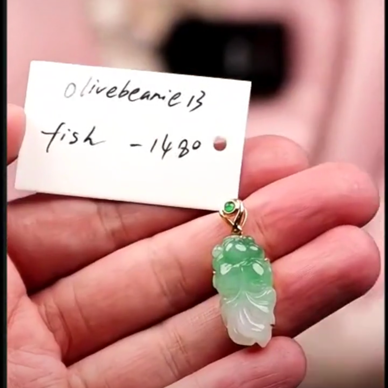 "Live" Natural 18k Y Gold Icy Green Moonlight W/ Imperial Dot Jadeite Jade Fish Pendant (04/07/26)