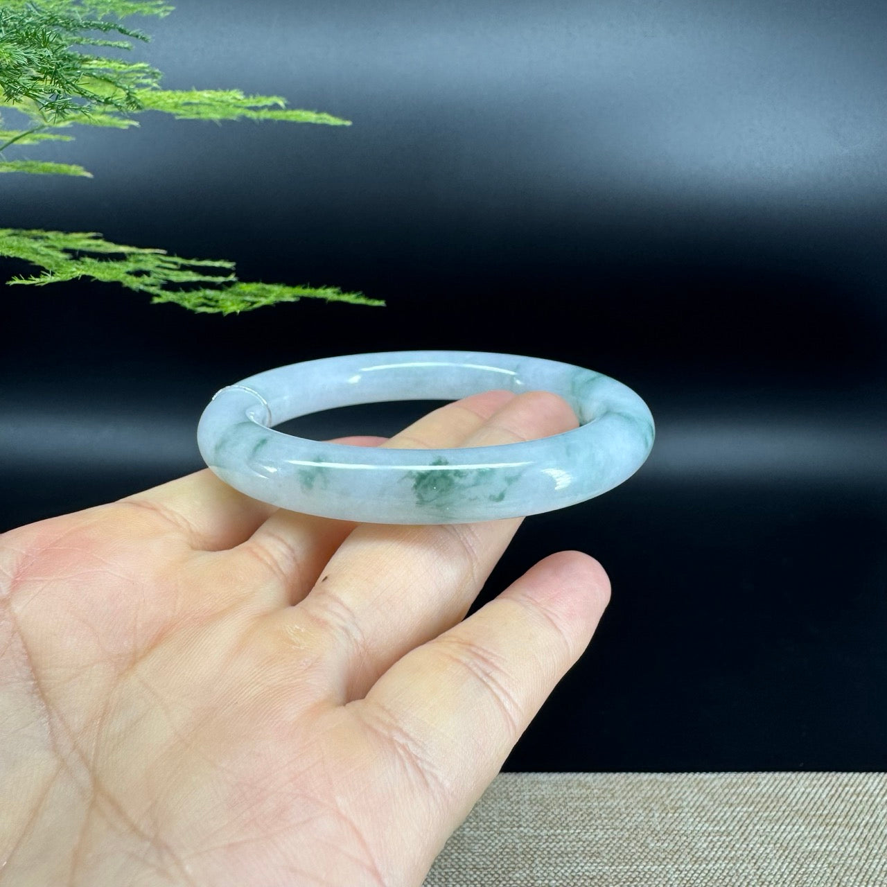 Genuine Burmese Icy Green Flower Jade Jadeite Bangle Bracelet ( 56.1mm )