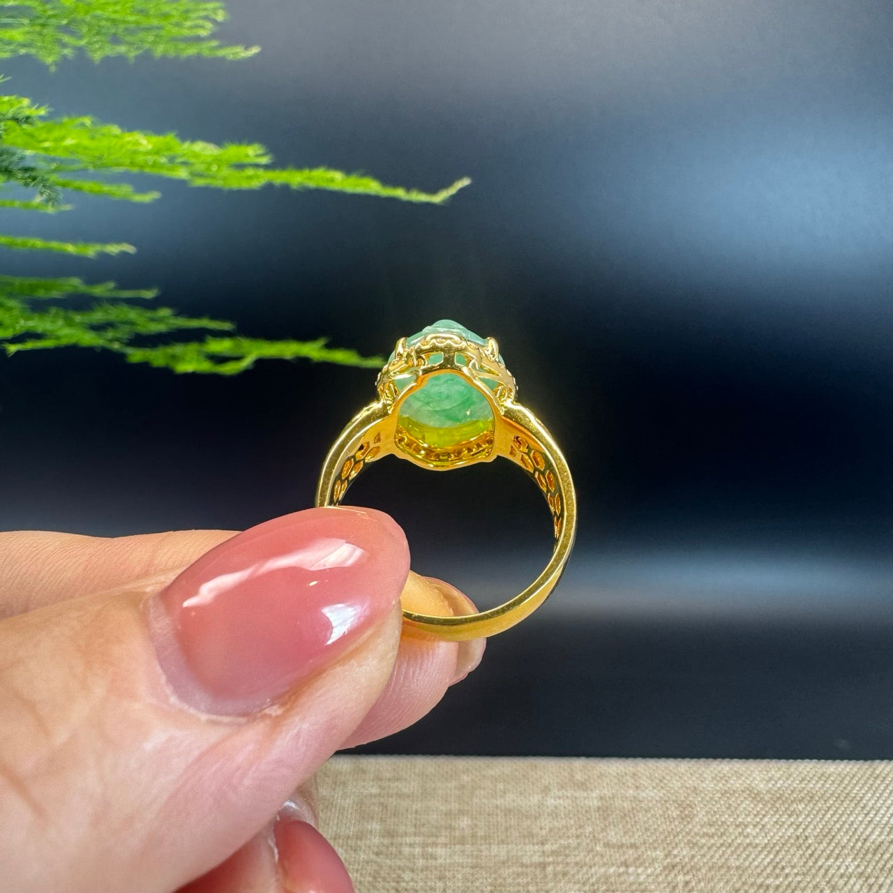 RealJade® "Signature Signet" 18K Yellow Gold Icy Green Jadeite Jade Diamonds Triangular Toad Ring
