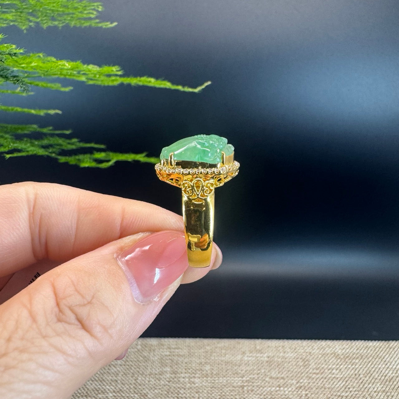 RealJade® "Signature Signet" 18K Yellow Gold Icy Green Jadeite Jade Diamonds Triangular Toad Ring