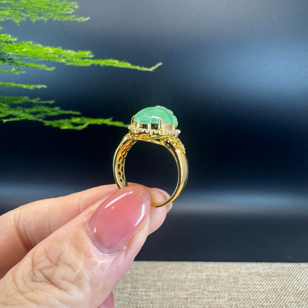 RealJade® "Signature Signet" 18K Yellow Gold Icy Green Jadeite Jade Diamonds Triangular Toad Ring
