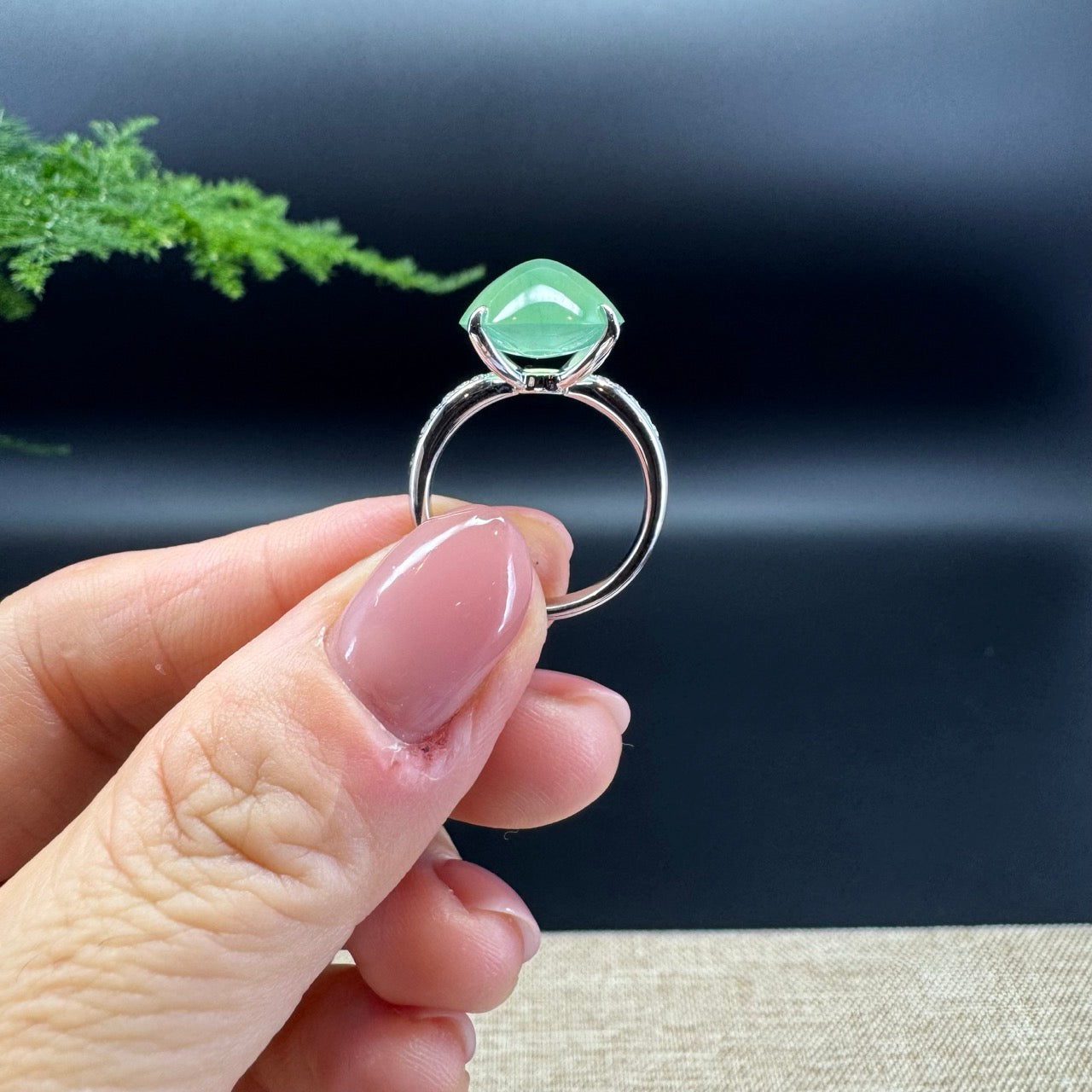 RealJade® Co. 18k White Gold Natural Icy Green Oval Jadeite Jade Engagement Ring With Diamonds