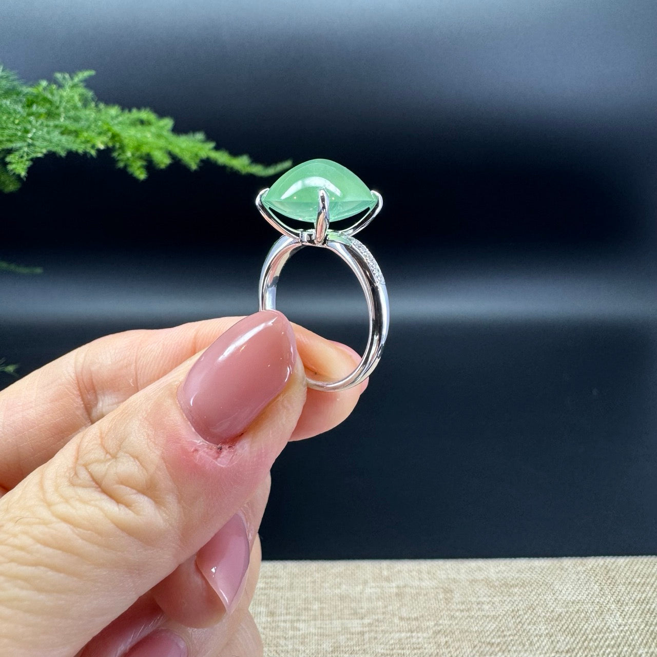 RealJade® Co. 18k White Gold Natural Icy Green Oval Jadeite Jade Engagement Ring With Diamonds