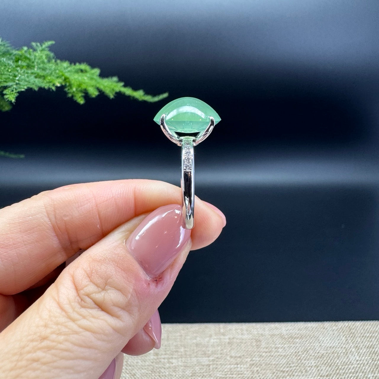 RealJade® Co. 18k White Gold Natural Icy Green Oval Jadeite Jade Engagement Ring With Diamonds