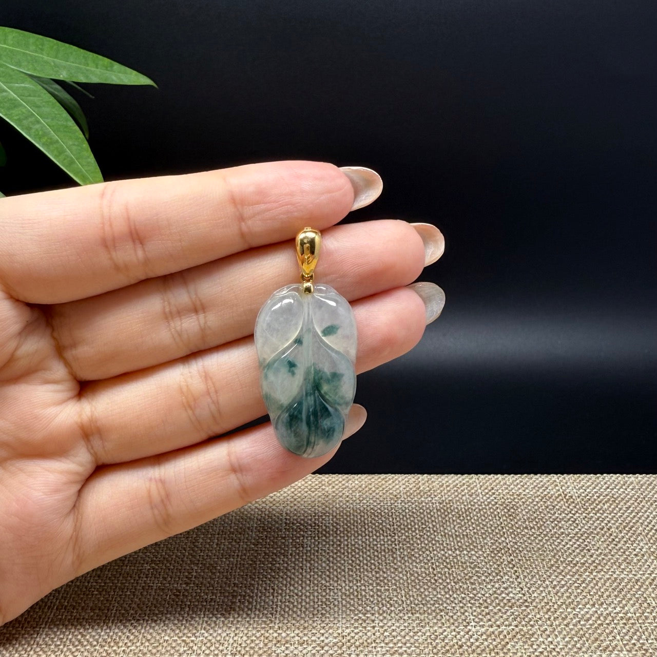 RealJade® Co. Genuine Ice Green Jadeite Jade Jin Zhi Yu Ye (Leaf) Necklace With 18K Yellow Gold Bail