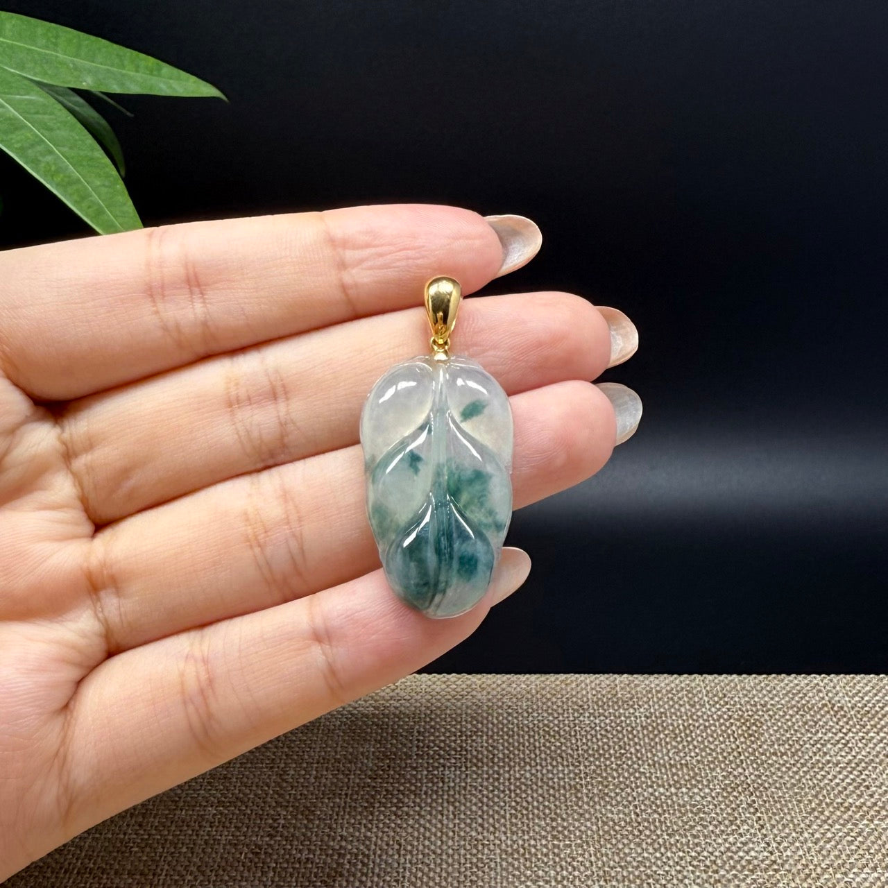 RealJade® Co. Genuine Ice Green Jadeite Jade Jin Zhi Yu Ye (Leaf) Necklace With 18K Yellow Gold Bail