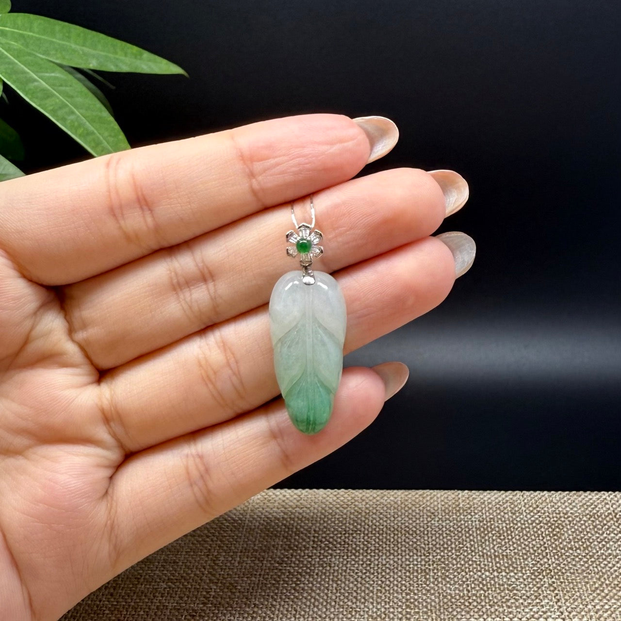 RealJade® Co. Genuine Ice Green Jadeite Jade Jin Zhi Yu Ye (Leaf) Necklace With 18K White Gold Bail