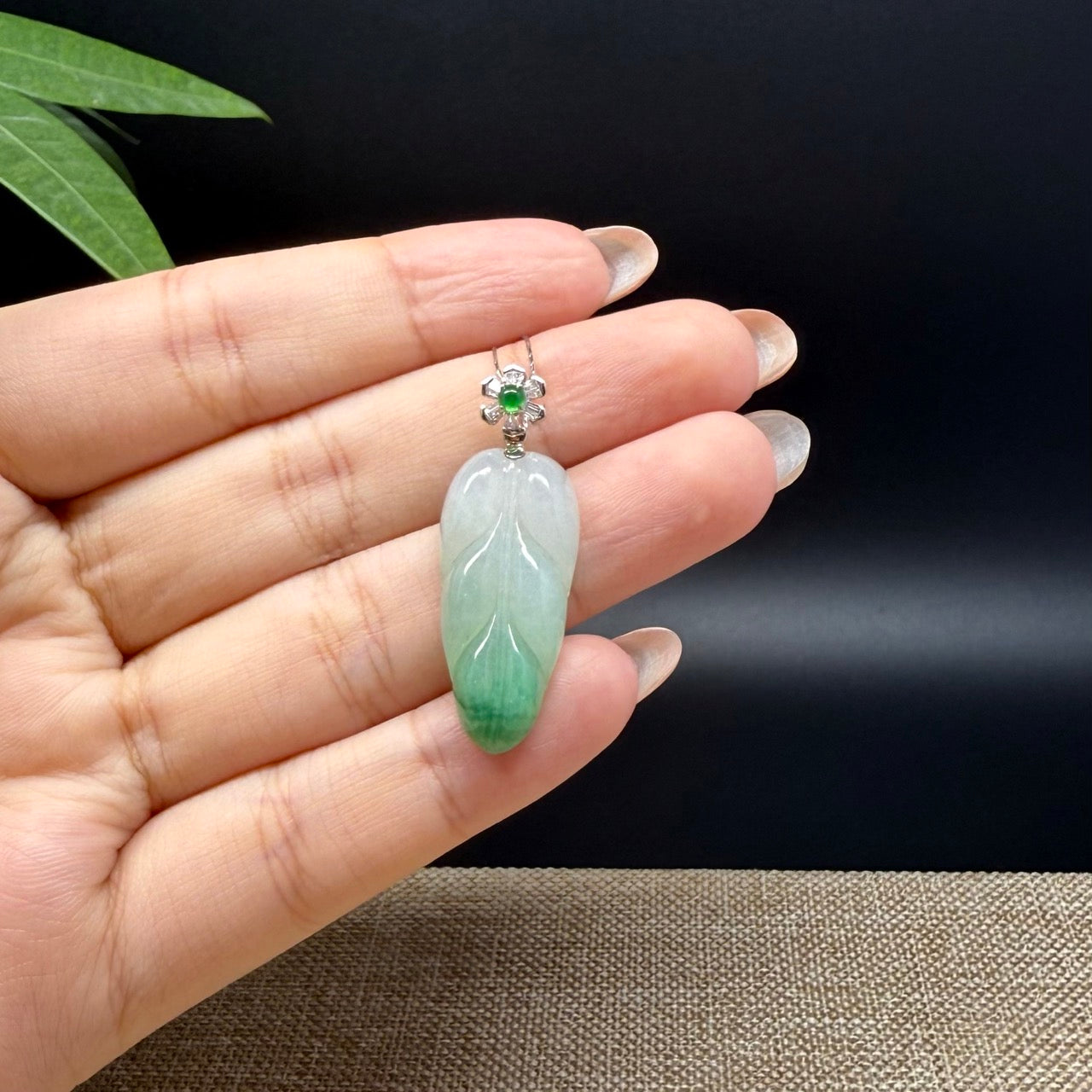 RealJade® Co. Genuine Ice Green Jadeite Jade Jin Zhi Yu Ye (Leaf) Necklace With 18K White Gold Bail