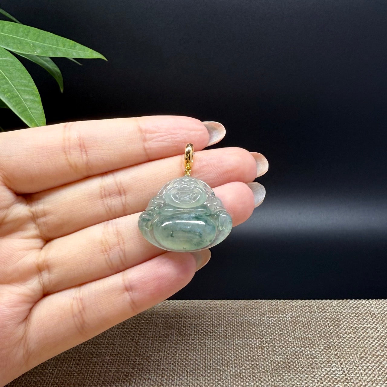 18K Yellow Gold Burmese Icy Green Jadeite Jade Happy Buddha Pendant