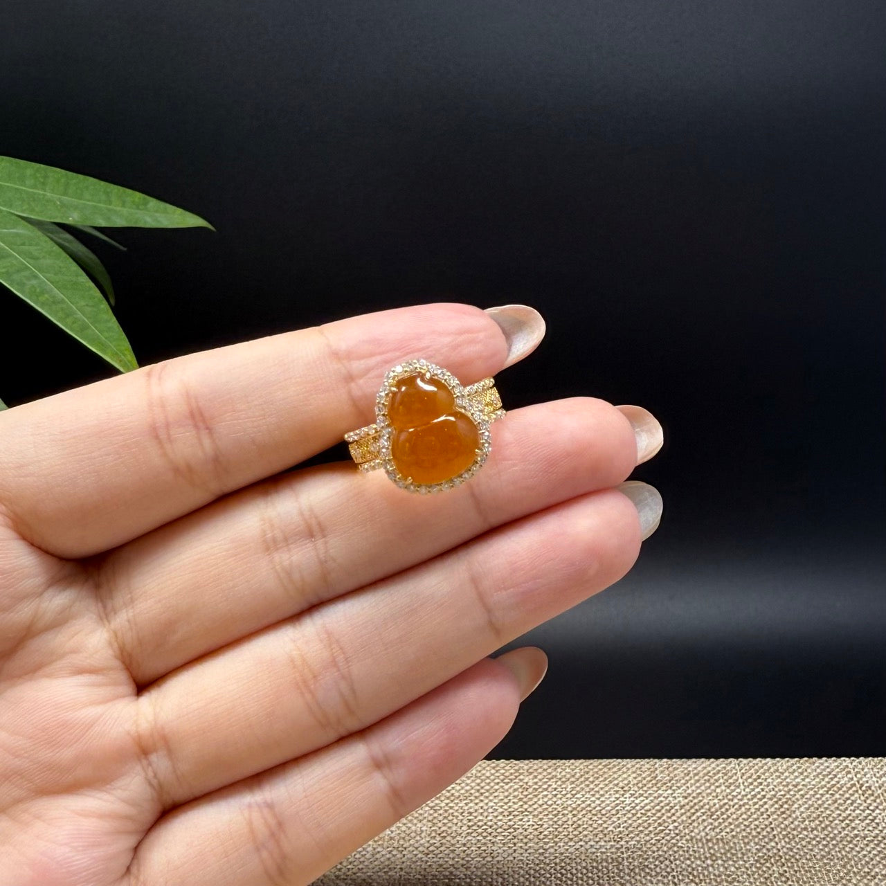 RealJade® "Amelie" 18k Yellow Gold Natural Yellow Jadeite Hulu Ring With Diamonds