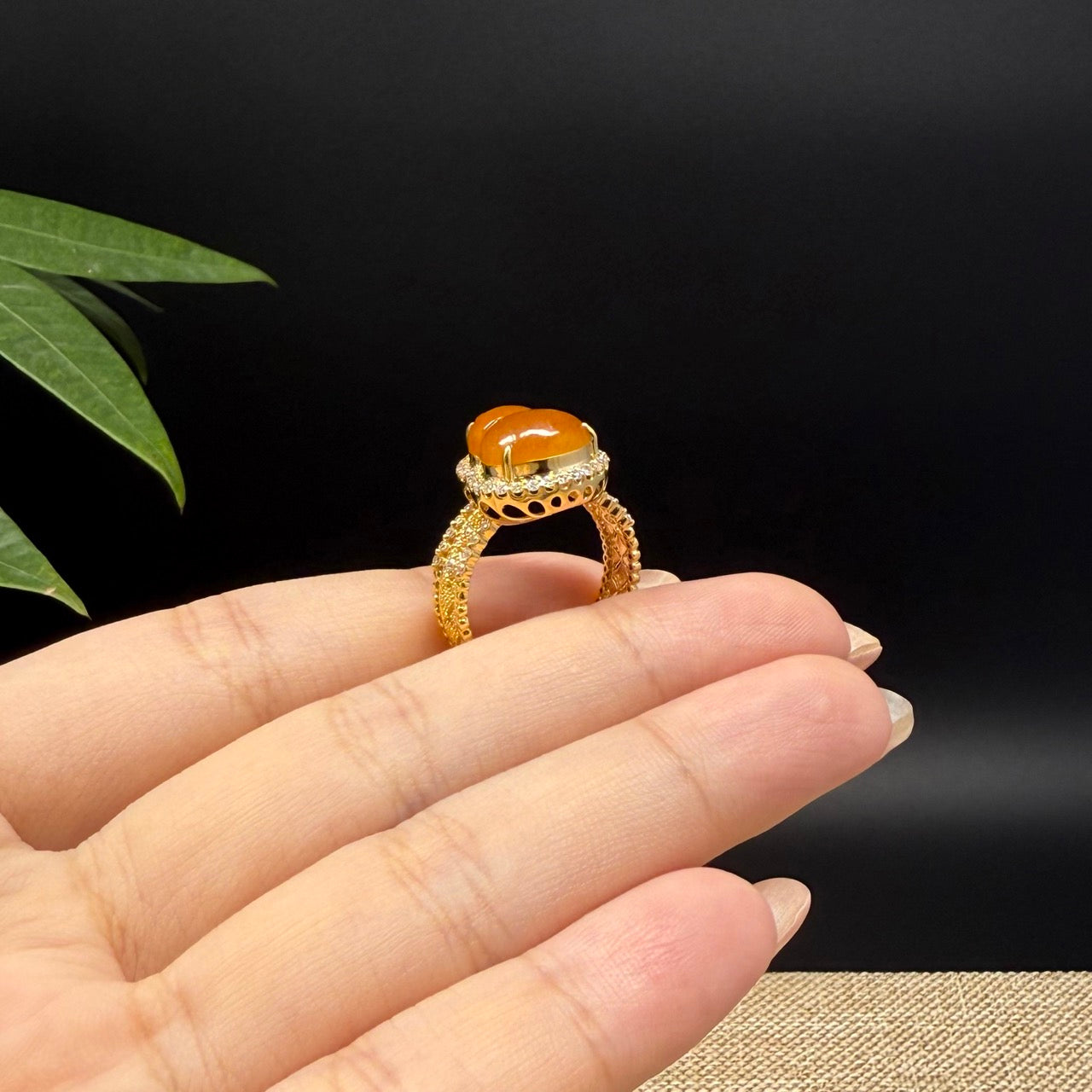 RealJade® "Amelie" 18k Yellow Gold Natural Yellow Jadeite Hulu Ring With Diamonds