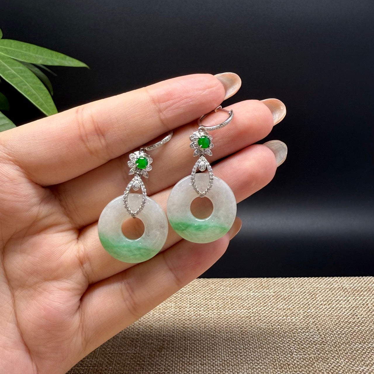 18k White Gold Genuine White Green Jadeite Jade Earrings With Diamonds