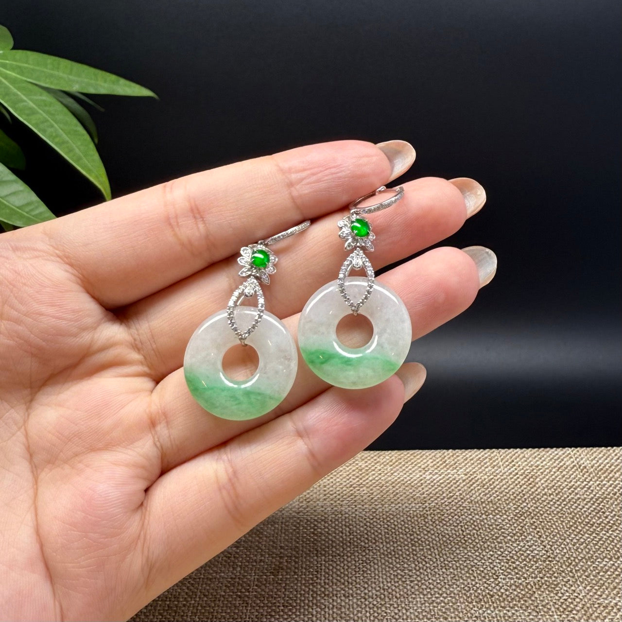 18k White Gold Genuine White Green Jadeite Jade Earrings With Diamonds