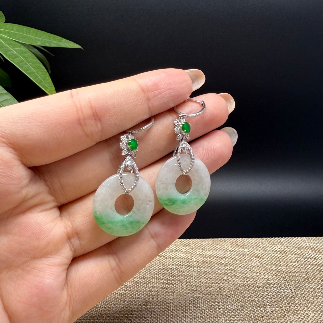 18k White Gold Genuine White Green Jadeite Jade Earrings With Diamonds