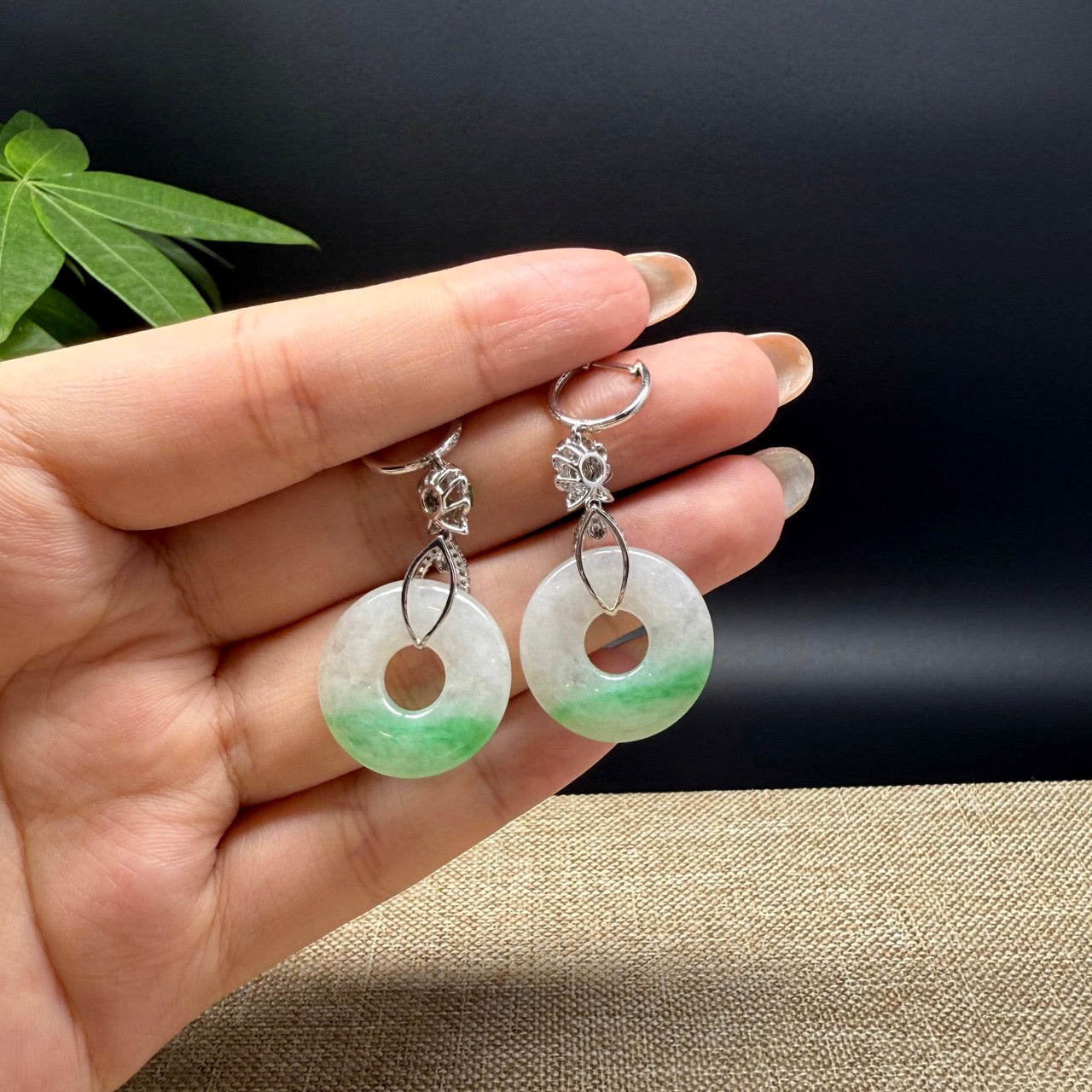 18k White Gold Genuine White Green Jadeite Jade Earrings With Diamonds