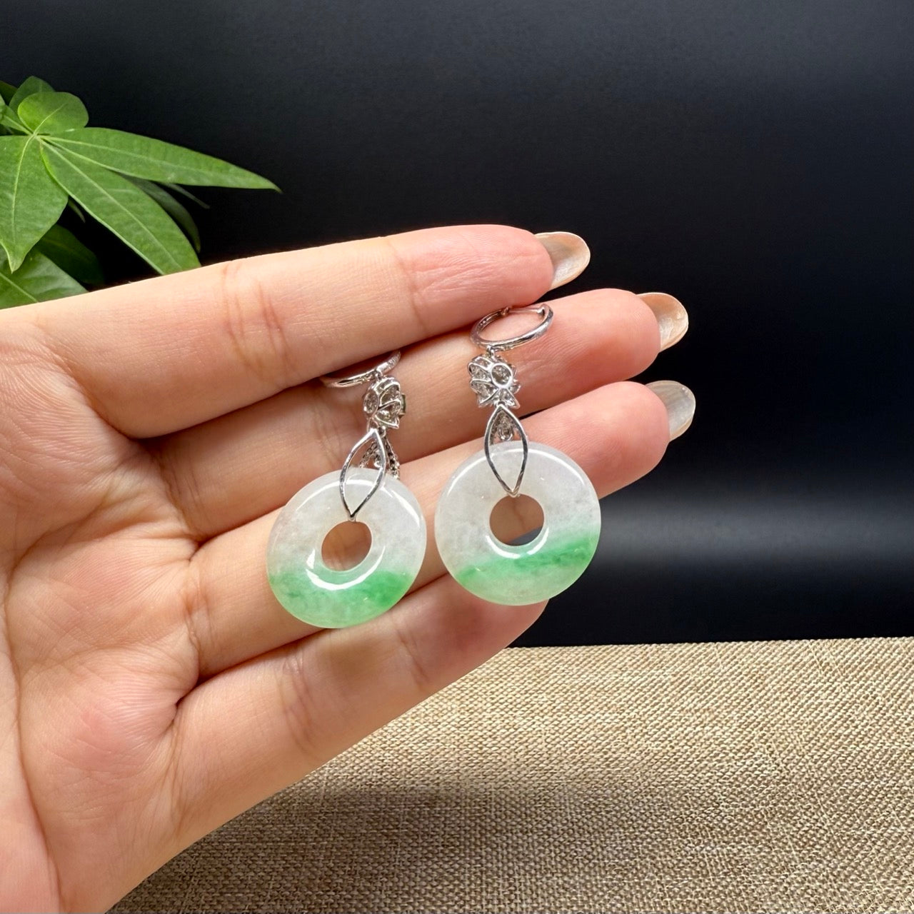 18k White Gold Genuine White Green Jadeite Jade Earrings With Diamonds