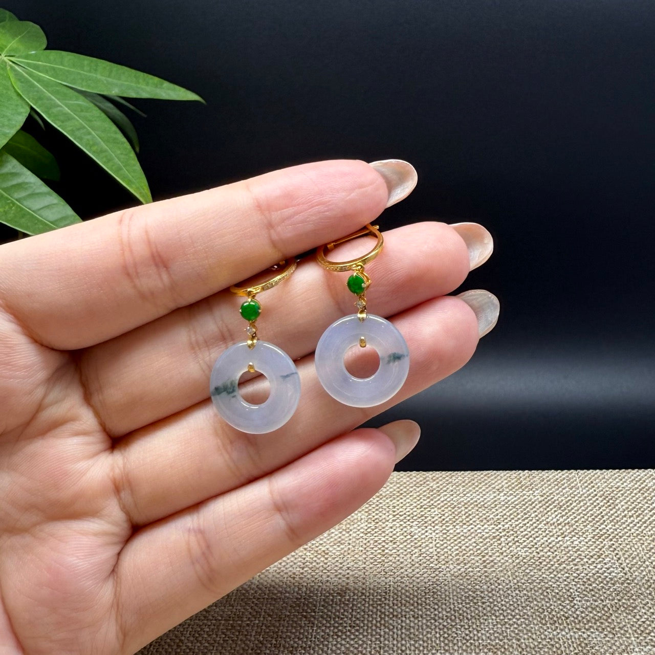 18k Yellow Gold Genuine Icy Green Jadeite Jade Earrings With Diamonds