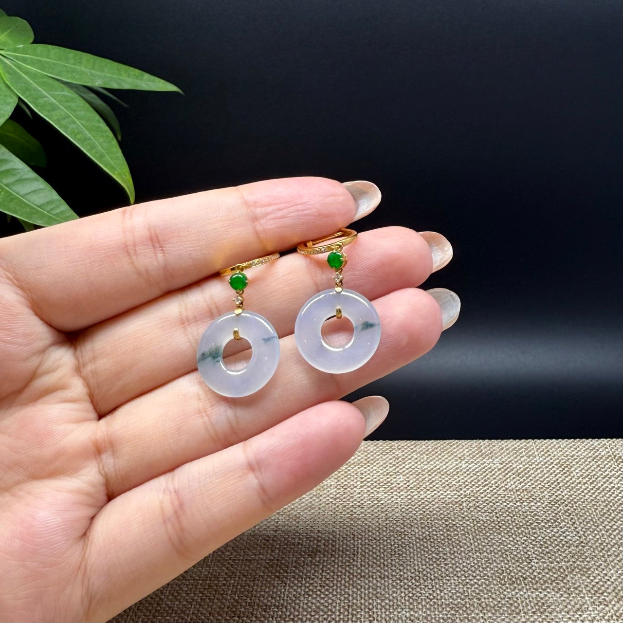 18k Yellow Gold Genuine Icy Green Jadeite Jade Earrings With Diamonds